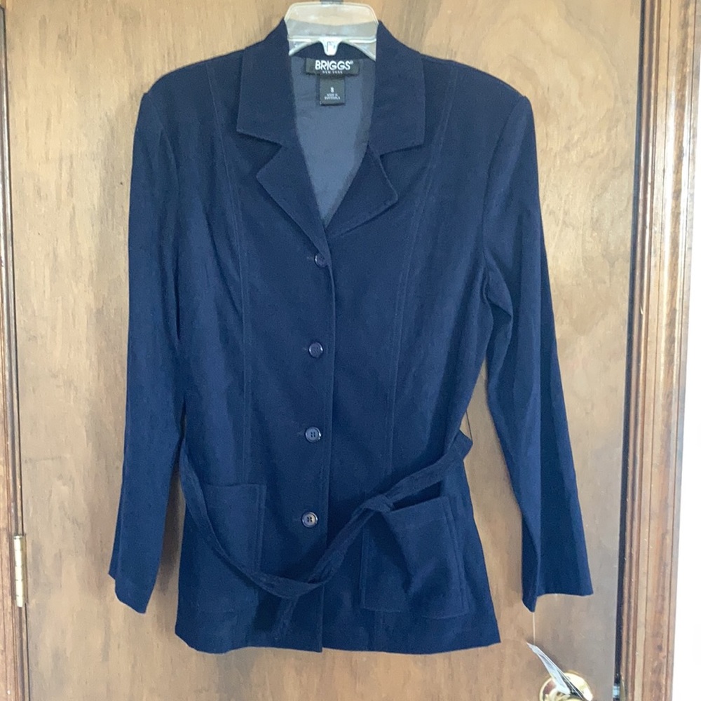 Vintage 90s navy blue button up jacket with belt and shoulder pads - Picture 12 of 17